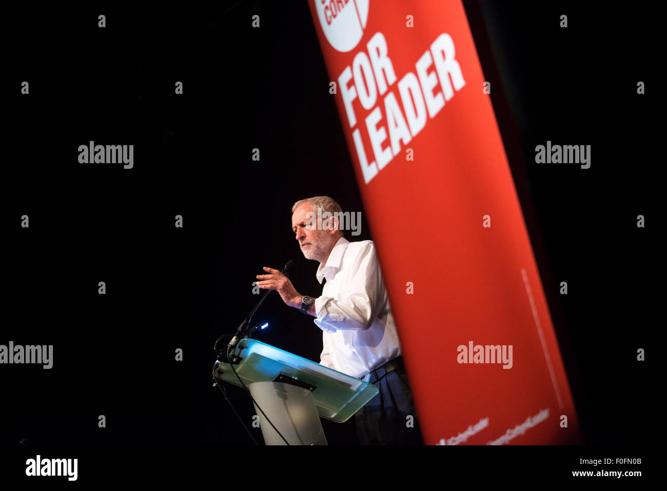 Glasgow, Scotland, UK. 14th Aug, 2015. Labour Leadership candidate Jeremy Corbyn delivers a speech during his campaign in Scotland at the Old Fruitmarket in Glasgow on August 14, 2015 in Edinburgh Scotland. Labour leadership candidate Jeremy Corbyn is holding rallies in cities across Scotland. Credit:  Sam Kovak/Alamy Live News Stock Photo