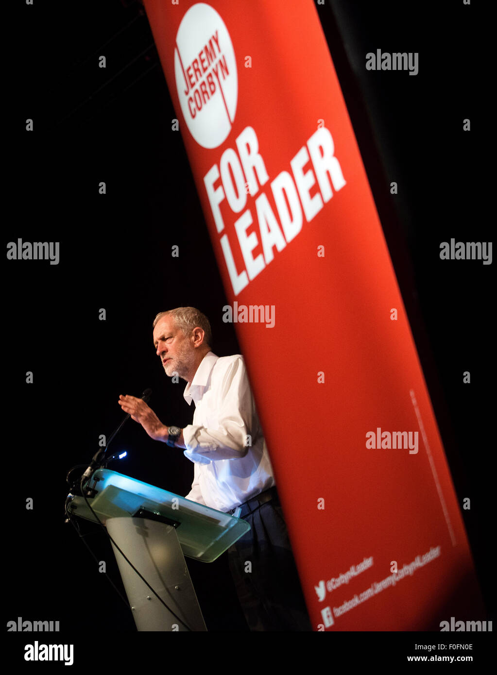 Glasgow, Scotland, UK. 14th Aug, 2015. Labour Leadership candidate Jeremy Corbyn delivers a speech during his campaign in Scotland at the Old Fruitmarket in Glasgow on August 14, 2015 in Edinburgh Scotland. Labour leadership candidate Jeremy Corbyn is holding rallies in cities across Scotland. Credit:  Sam Kovak/Alamy Live News Stock Photo