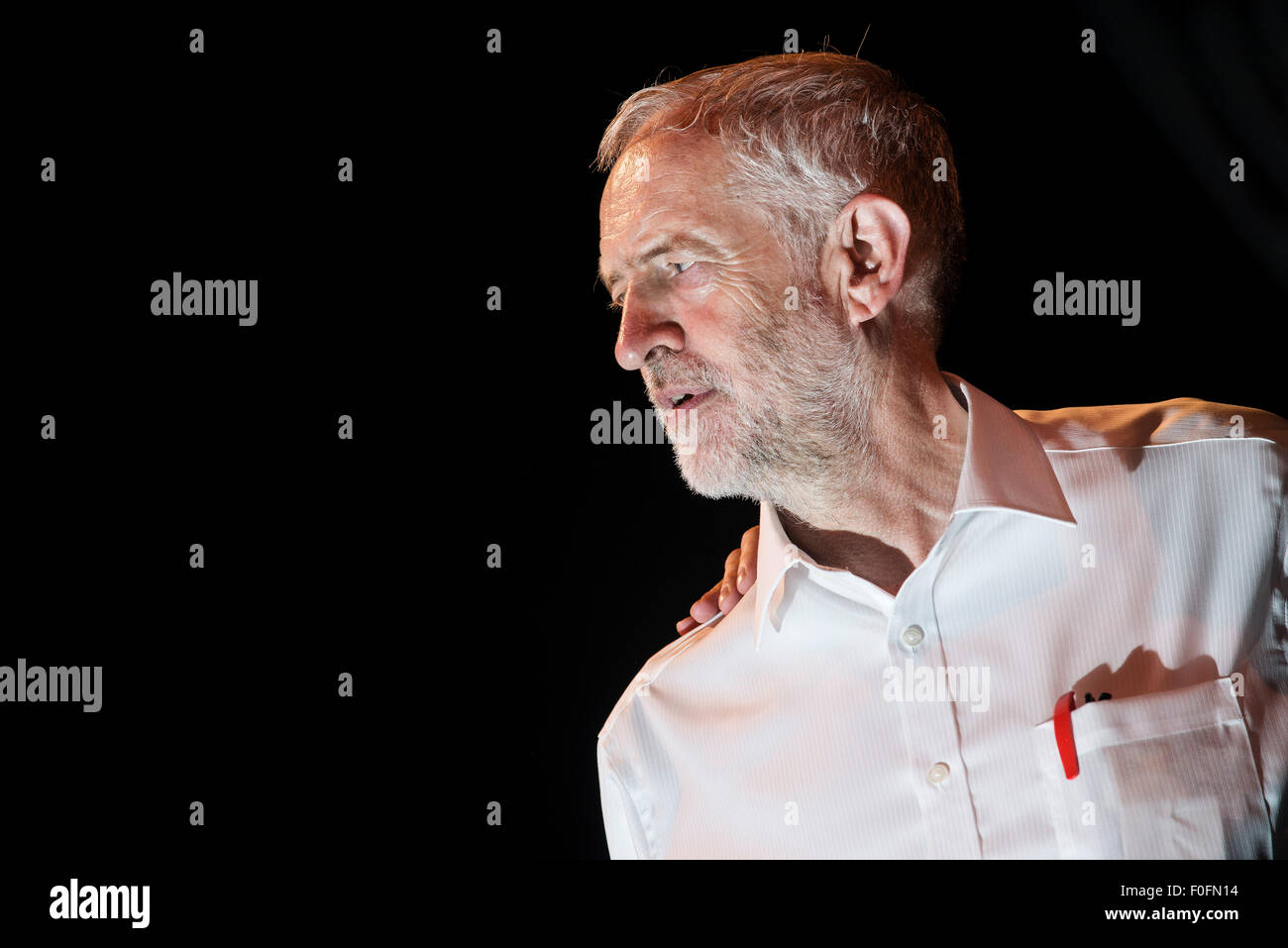 Glasgow, Scotland, UK. 14th Aug, 2015. Labour Leadership candidate Jeremy Corbyn delivers a speech during his campaign in Scotland at the Old Fruitmarket in Glasgow on August 14, 2015 in Edinburgh Scotland. Labour leadership candidate Jeremy Corbyn is holding rallies in cities across Scotland. Credit:  Sam Kovak/Alamy Live News Stock Photo