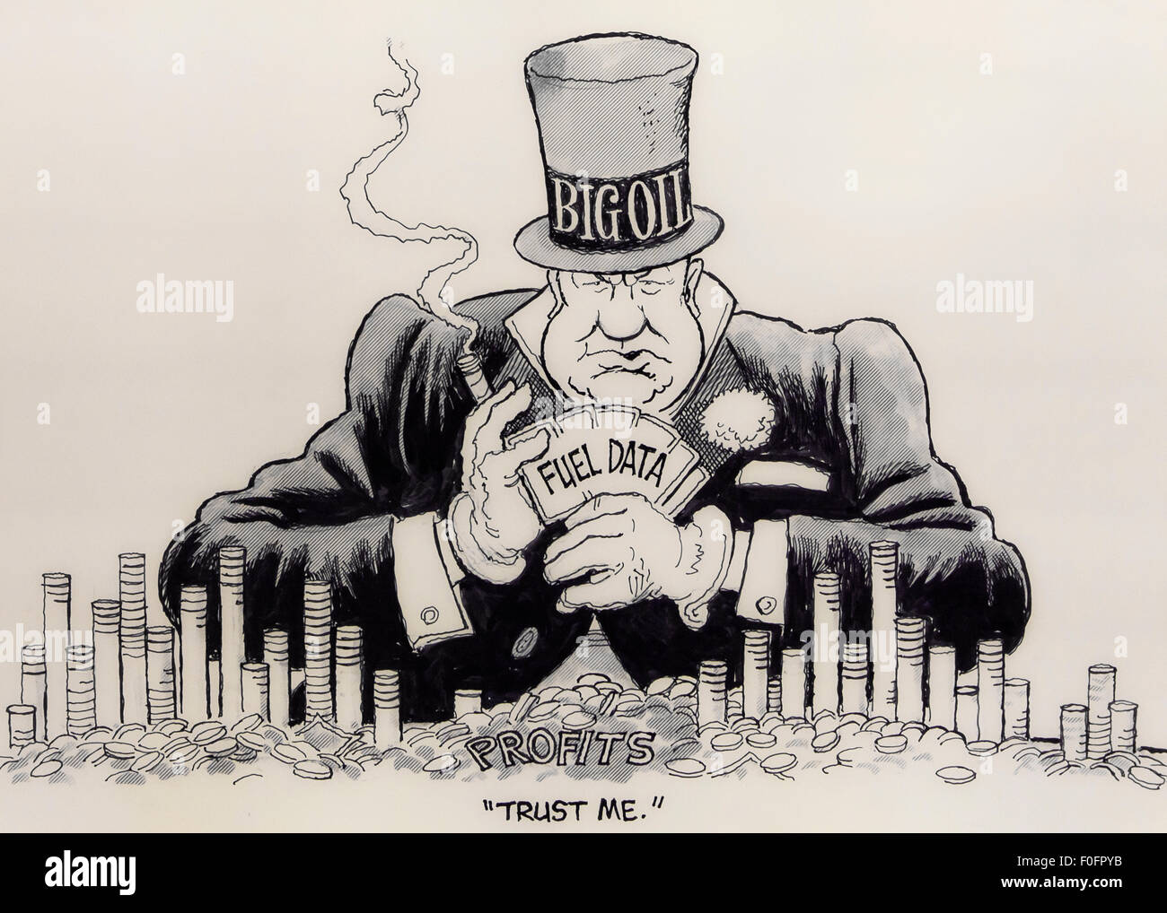 'Trust Me' editorial cartoon by Doug Marlette, circa 1973, featuring big oil - USA Stock Photo