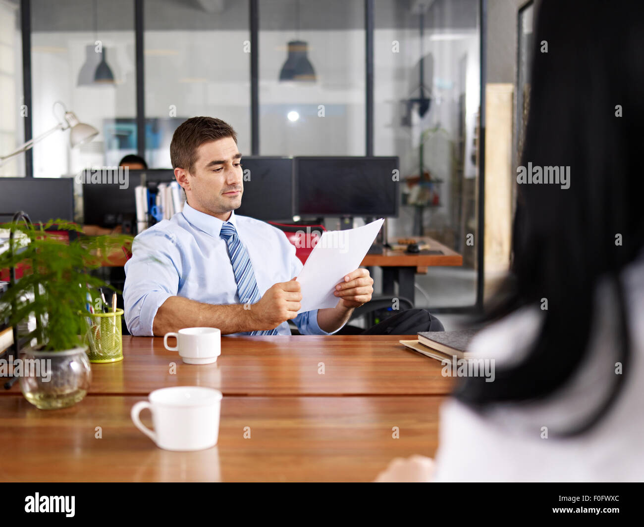 caucasian HR manager conducting an interview Stock Photo