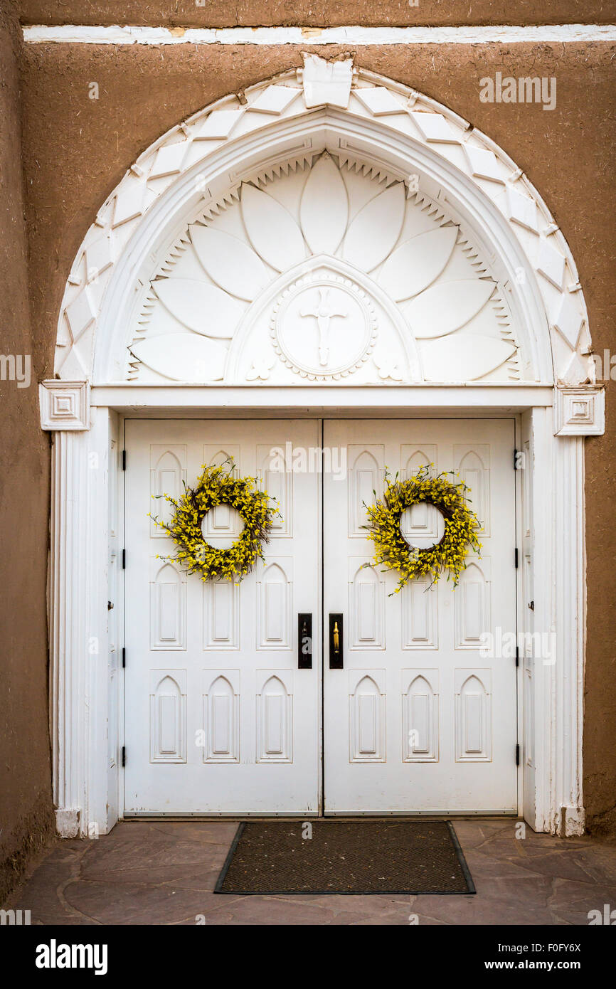 The main entrance door of the San Francisco de Asis Mission Church in Rancho de Taos, New Mexico, USA. Stock Photo