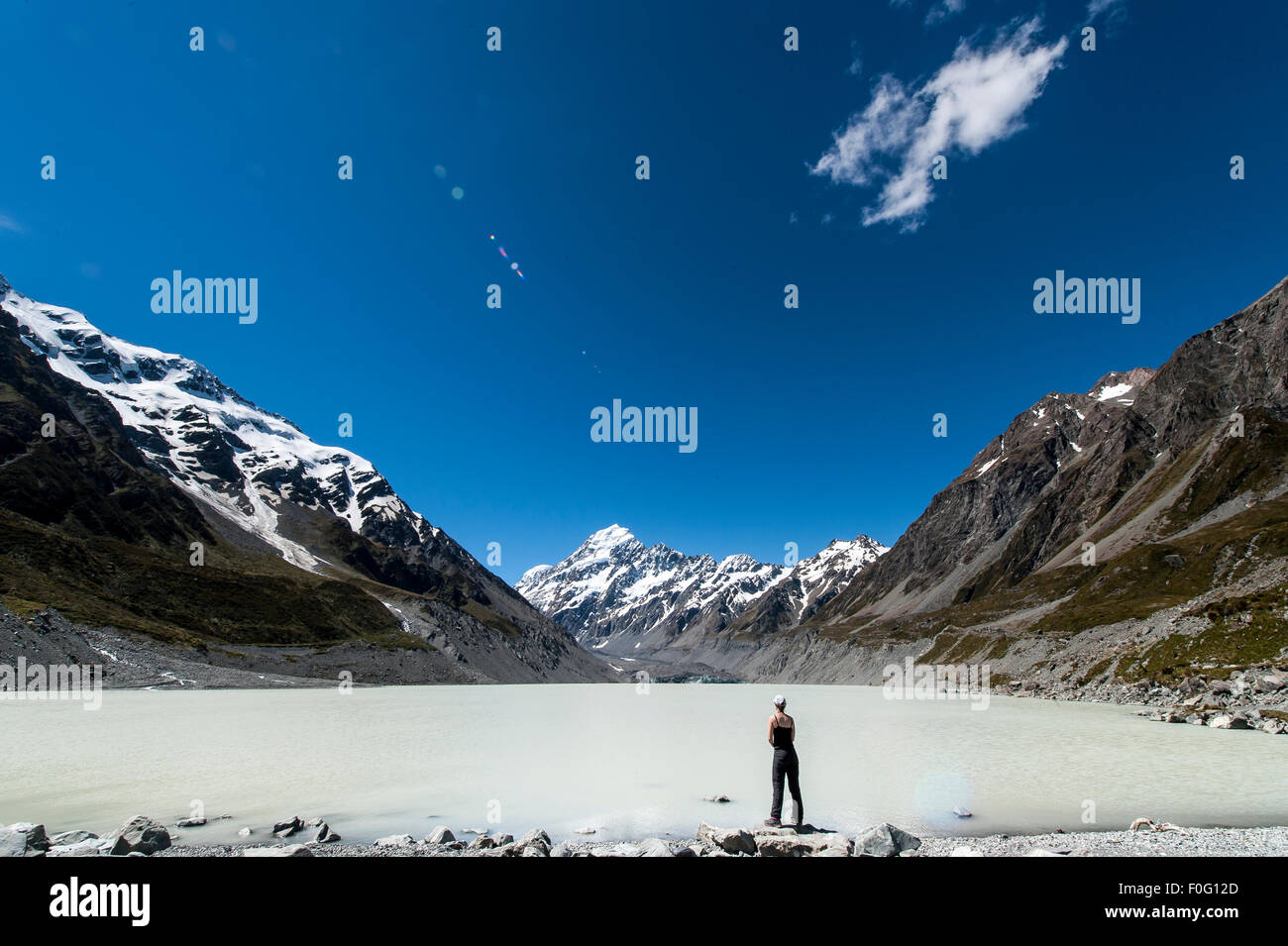 Young woman by lagoon with mountains in the background Mount Cook National Park South island New Zealand Stock Photo