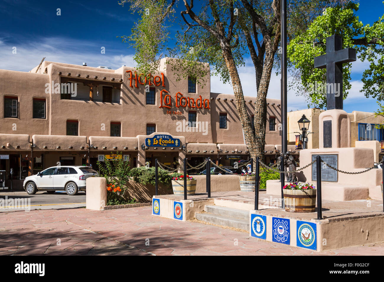 The Hotel La Fonda in the Old Town square of Taos, New Mexico, USA