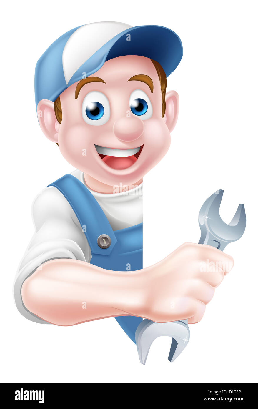 Happy cartoon plumber or auto repair mechanic service handyman worker man holding a spanner Stock Photo