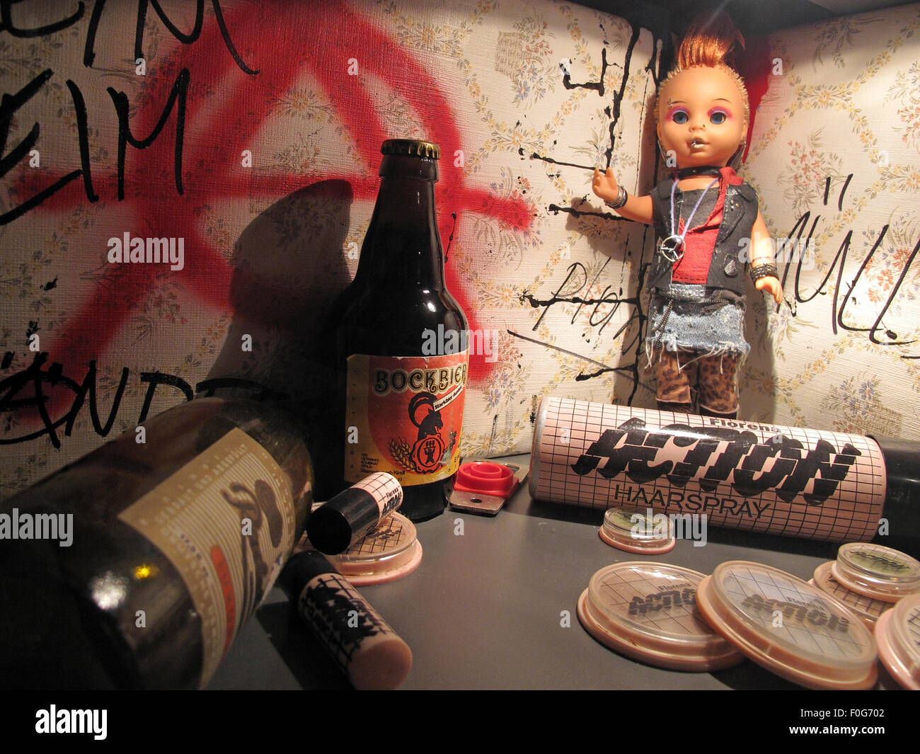 Berlin beer graffiti doll Action, DDR hairspray ,and make-up,Germany Stock Photo