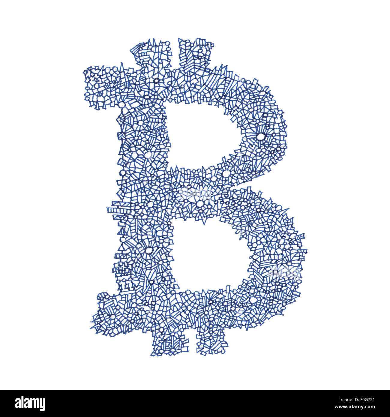 Bitcoin hand-drawn symbol of a digital decentralized crypto currency, letter B on white background. Stock Photo