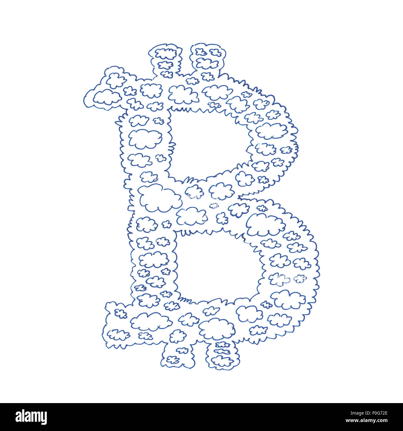 Bitcoin cloud hand-drawn symbol of a digital decentralized crypto currency, letter B on white background. Stock Photo