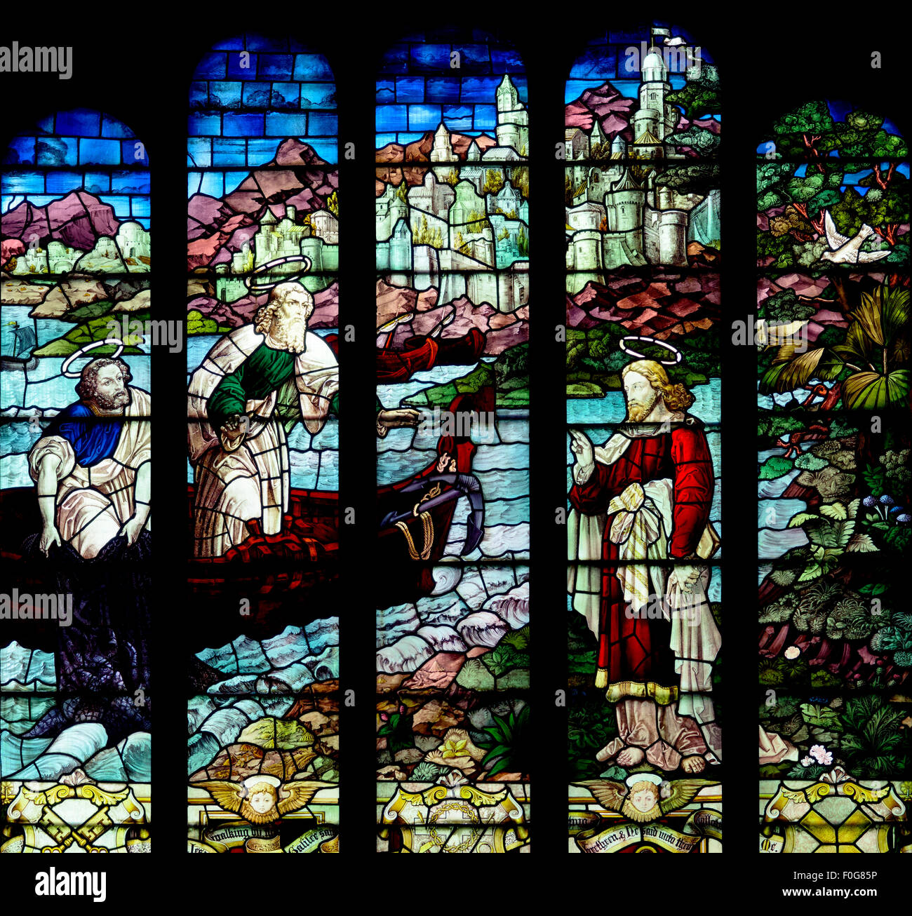 Jesus inviting Peter and Andrew to become 'Fishers of Men', St Andrew's Church, Sedbergh, Cumbria, England, UK Stock Photo