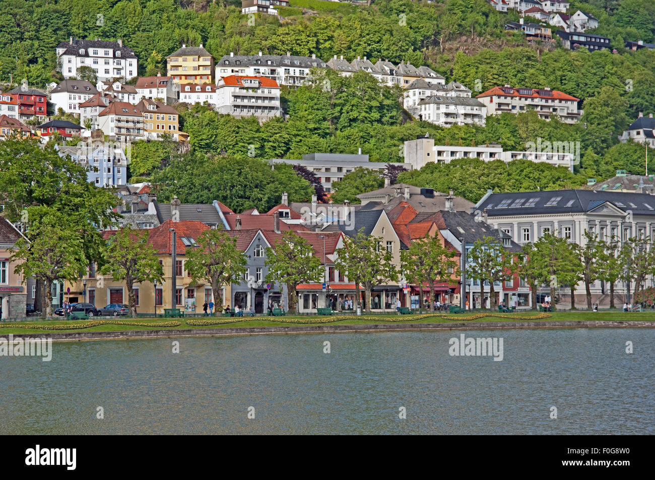 Lille Lungegardsvannet Lake, Homes on Hill Side, Bergen, Hordaland, Vestlandet, Norway, Stock Photo