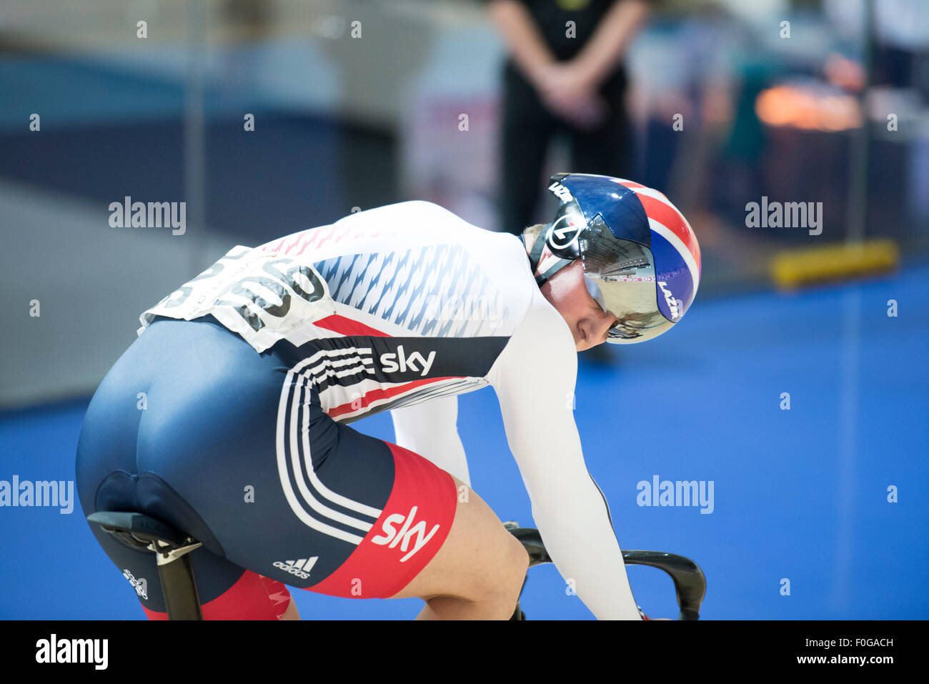Derby, UK. 15th Aug, 2015. Olympic sprint champion Jason Kenny watches his opponent during the sprint competition at the Revolution Series at Derby Arena, Derby, United Kingdom on 15 August 2015. The Revolution Series is a professional track racing series featuring many of the world's best track cyclists. This event, taking place over 3 days from 14-16 August 2015, is an important preparation event for the Rio 2016 Olympic Games, allowing British riders to score qualifying points for the Games. Credit:  Andrew Peat/Alamy Live News Stock Photo