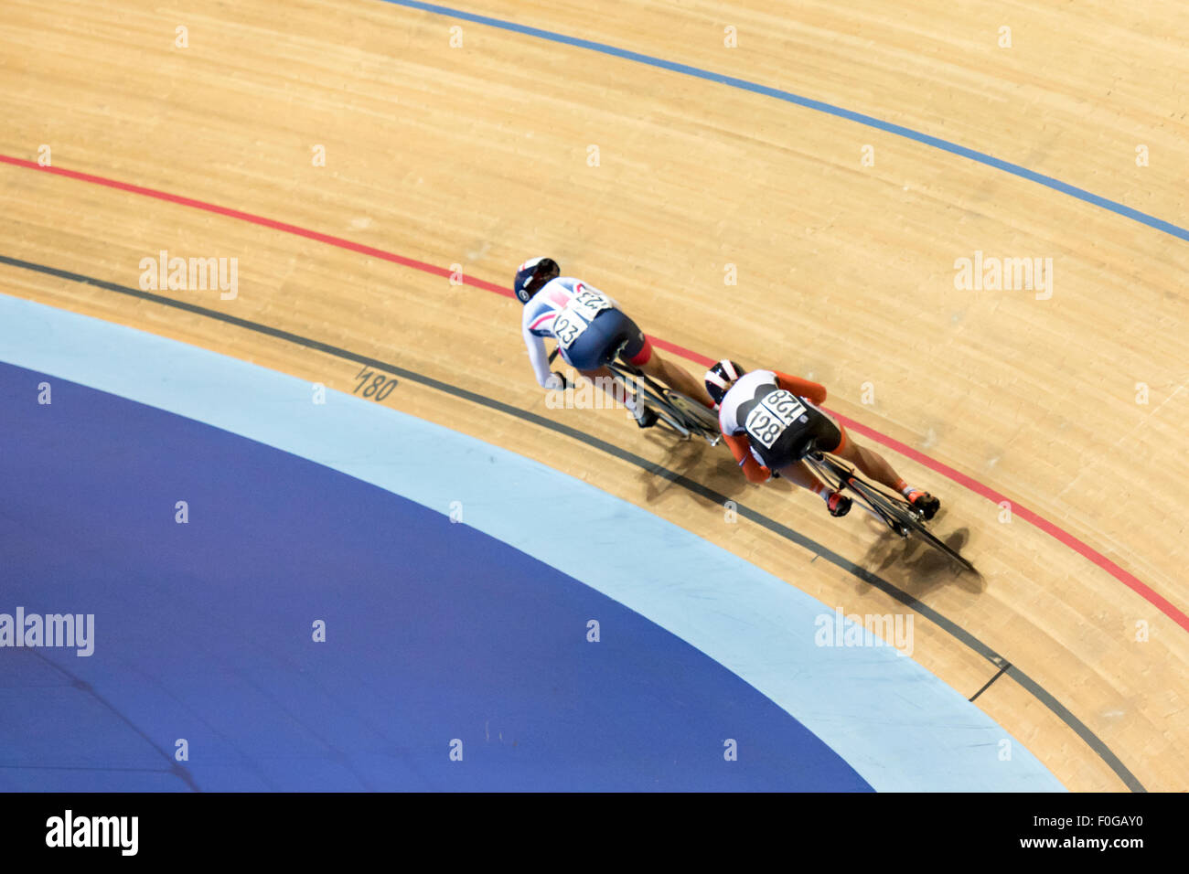 Derby, UK. 15th Aug, 2015. Dannielle Khan of Great Britain leads Yesna Rijkhoff of The Netherlands in the women's sprint competition at the Revolution Series at Derby Arena, Derby, United Kingdom on 15 August 2015. The Revolution Series is a professional track racing series featuring many of the world's best track cyclists. This event, taking place over 3 days from 14-16 August 2015, is an important preparation event for the Rio 2016 Olympic Games, allowing British riders to score qualifying points for the Games. Credit:  Andrew Peat/Alamy Live News Stock Photo