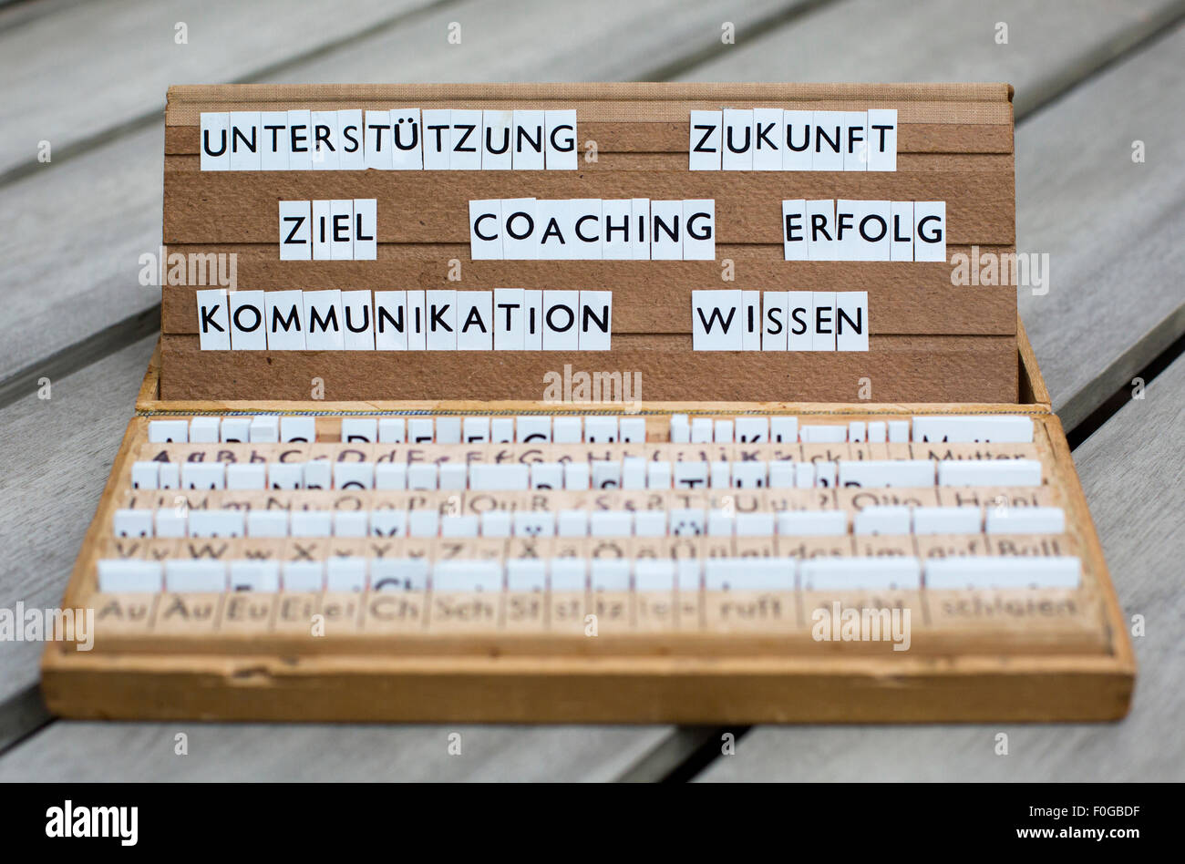 a letterbox with the german words:'Unterstützung Zukunft Ziel Coaching Erfolg Kommunikation Wissen' (support, future,goals..) Stock Photo