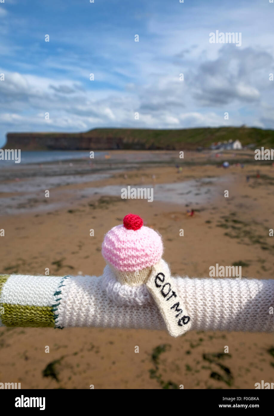 Knitted Yarn Bombing sculptures on the pier at Saltburn in Yorkshire