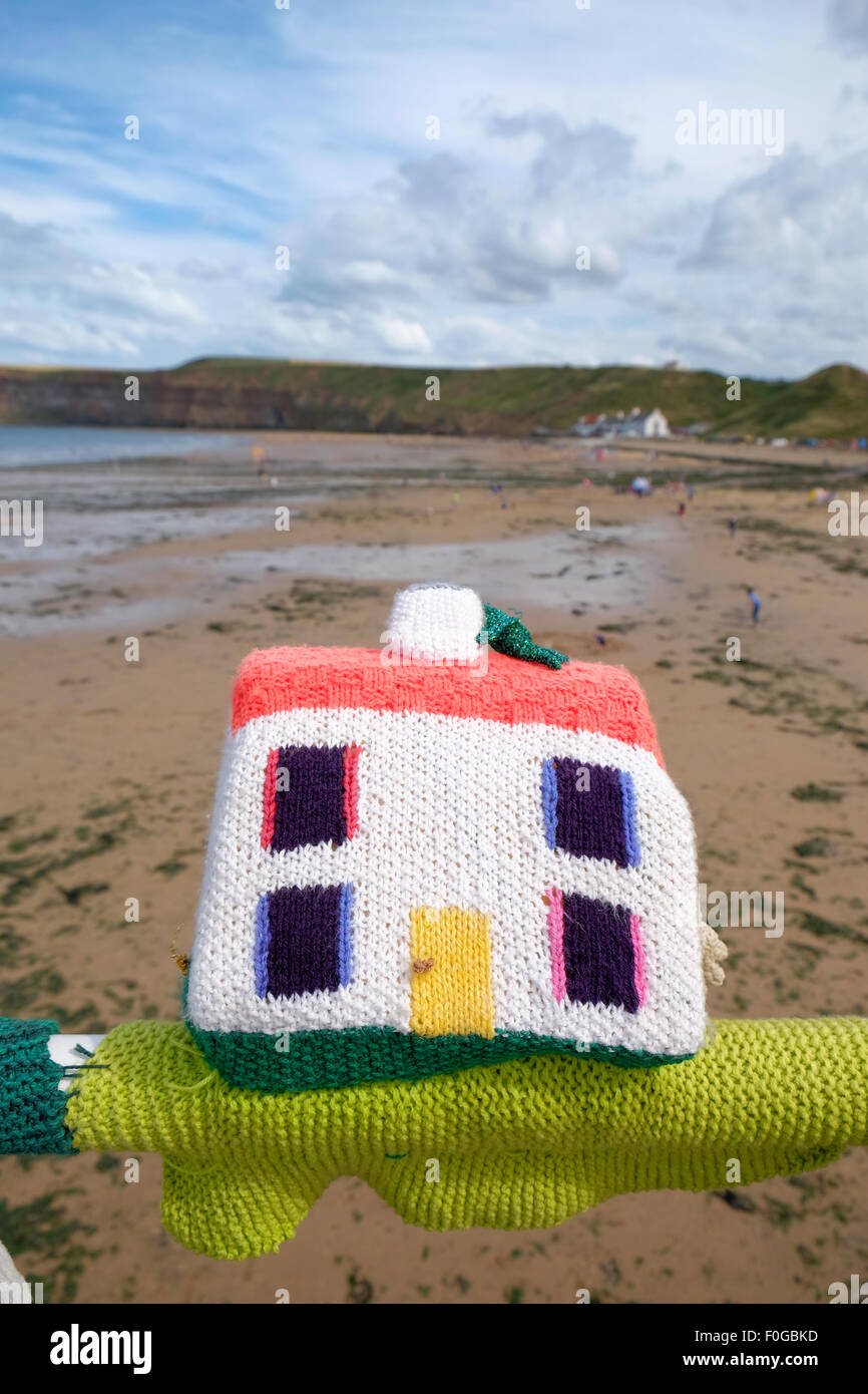 Knitted Yarn Bombing sculptures on the pier at Saltburn in Yorkshire