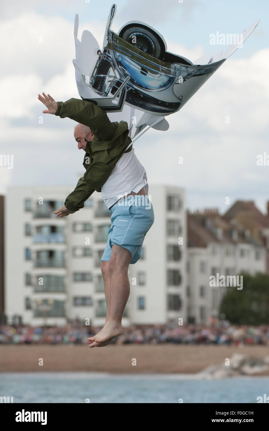 Worthing, UK. 15th Aug, 2015. Kieran McAleer with Mark Foxon [Kingfisher Class] with their craft Modrophenia. The Worthing International Birdman Festival 2015 Credit:  Stephen Bartholomew/Alamy Live News Stock Photo