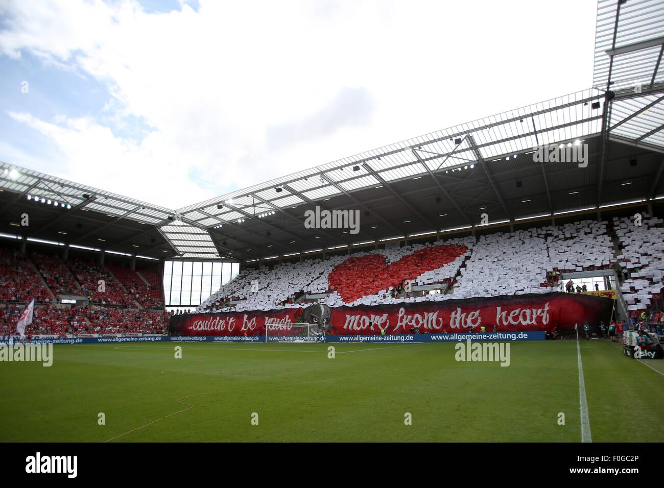 Mainz, Germany. 15th Aug, 2015. The Mainz fans show a red heart on white background prior to the German Bundesliga soccer match between 1. FSV Mainz 05 and FC Ingolstadt 04 at the Coface Arena in Mainz, Germany, 15 August 2015. Photo: FREDRIK VON ERICHSEN/dpa (EMBARGO CONDITIONS - ATTENTION: Due to the accreditation guidelines, the DFL only permits the publication and utilisation of up to 15 pictures per match on the internet and in online media during the match.)/dpa/Alamy Live News Stock Photo