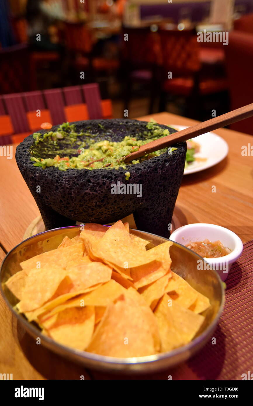 guacamole with Tortilla and nachos in Mexican Restaurant Stock Photo
