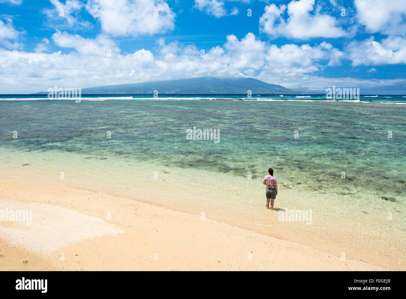 A Woman stands in warm, tropical water on a beach in Molokai Hawaii