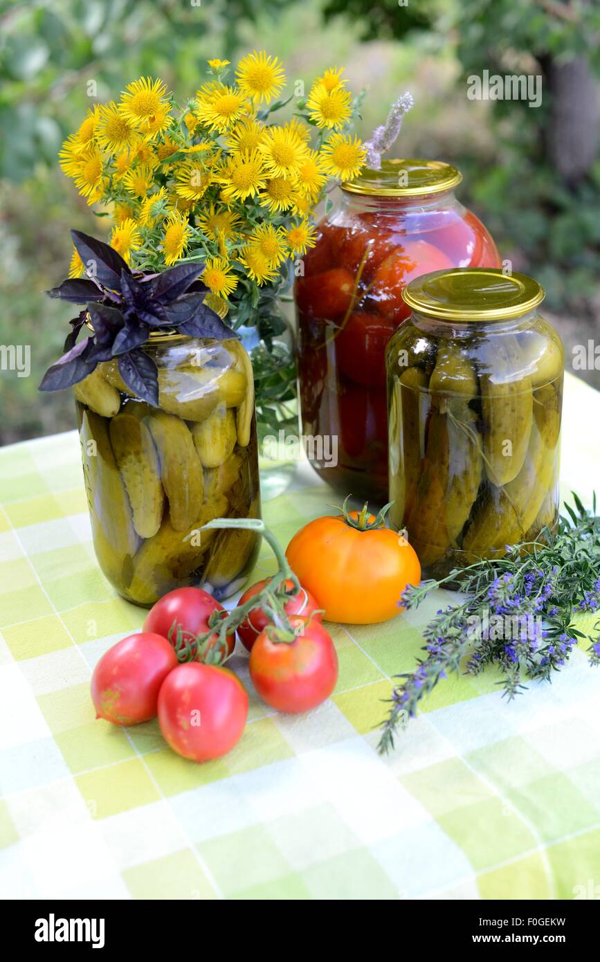 Glass jars of homemade preserves: tomatoes and cucumbers. Stock Photo