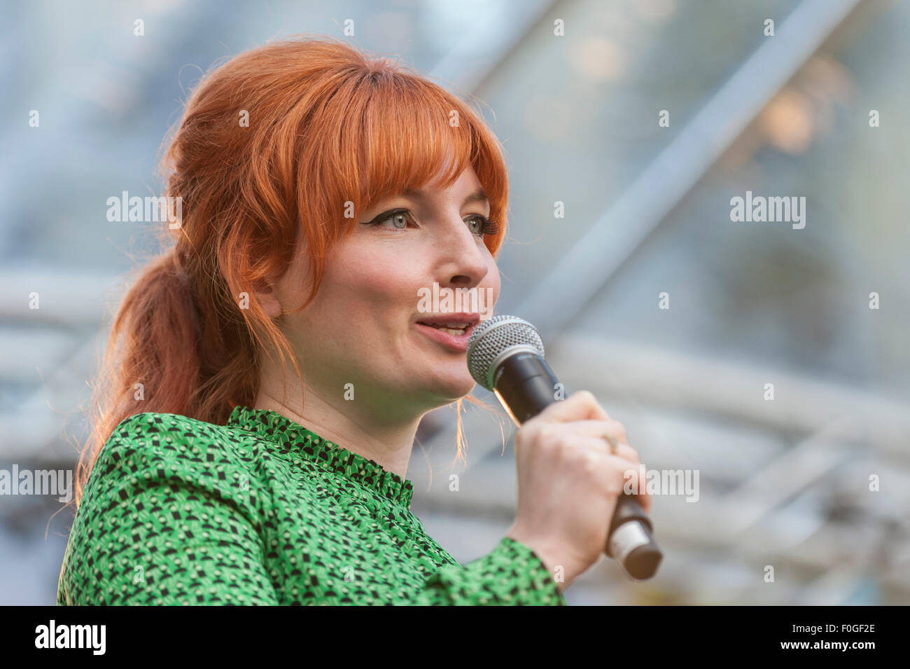 London, UK. 15 August 2015. BBC Radio 1's Alice Levine introduces on stage at Spotlight, the one day, open-air music, and comedy festival, in Dials, Covent Garden. Credit: Stephen