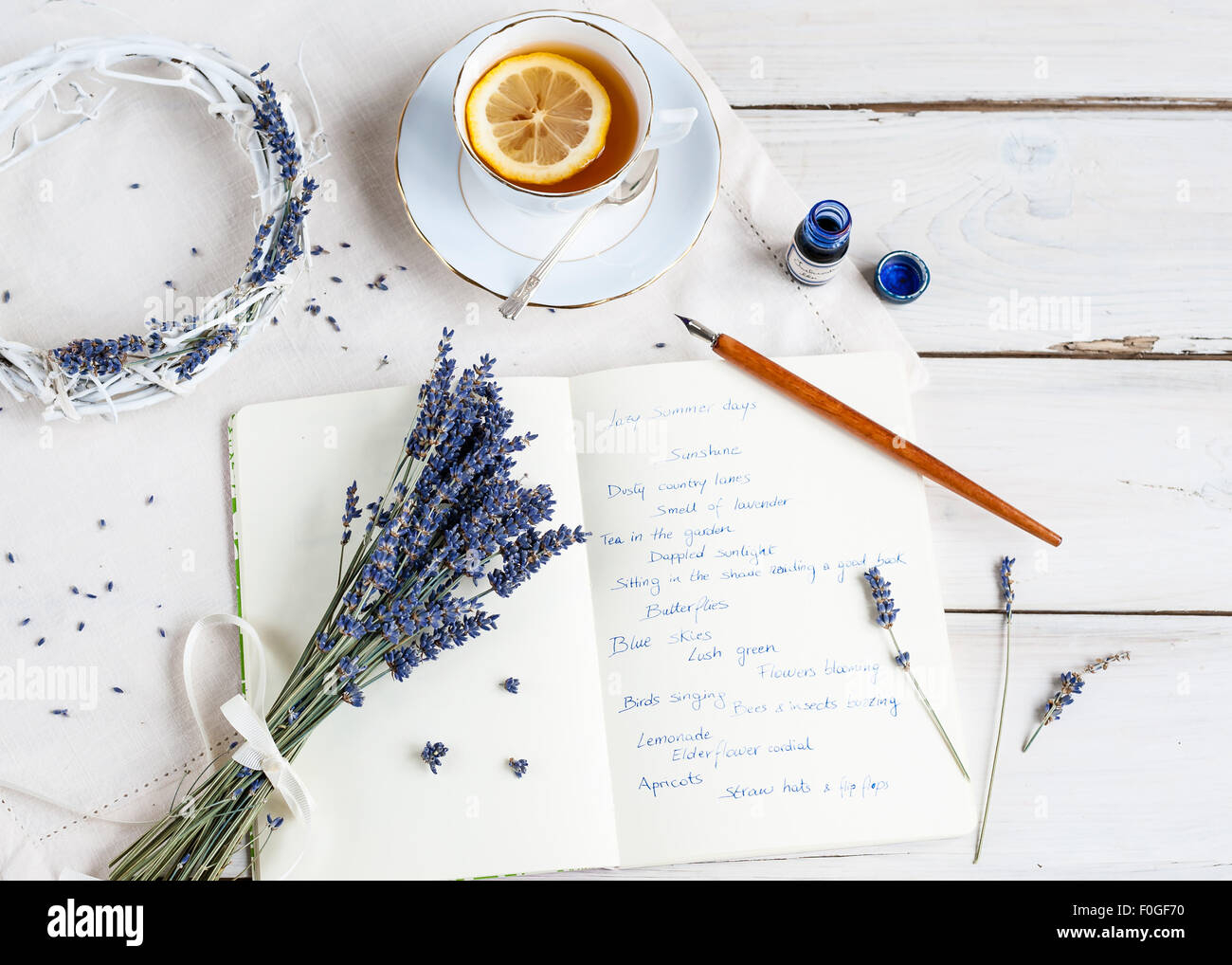 lavender, journal, pen and ink, and words of summer Stock Photo