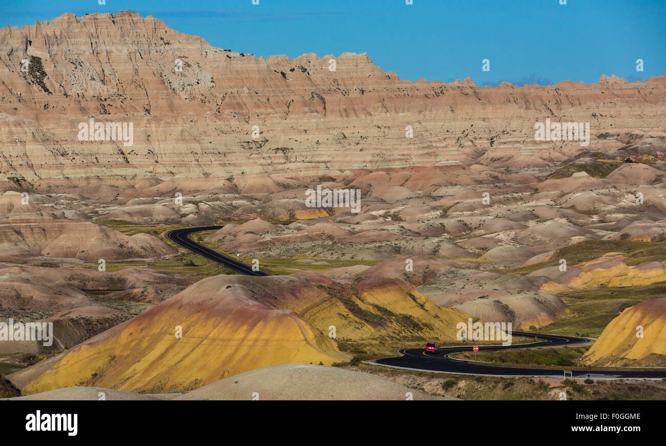 Badlands Loop Road passing through eroded hills in Badlands National Park near Yellow Mounds Overlook Stock Photo