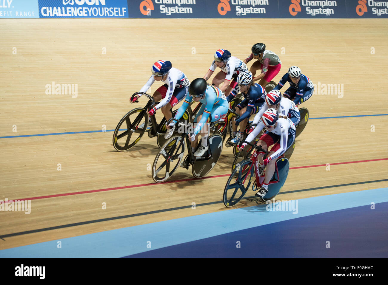 Cyclists compete in the elimination race during the women's omnium competition at the Revolution Series at Derby Arena, Derby, United Kingdom on 15 August 2015. The Revolution Series is a professional track racing series featuring many of the world's best track cyclists. This event, taking place over 3 days from 14-16 August 2015, is an important preparation event for the Rio 2016 Olympic Games, allowing British riders to score qualifying points for the Games. Stock Photo