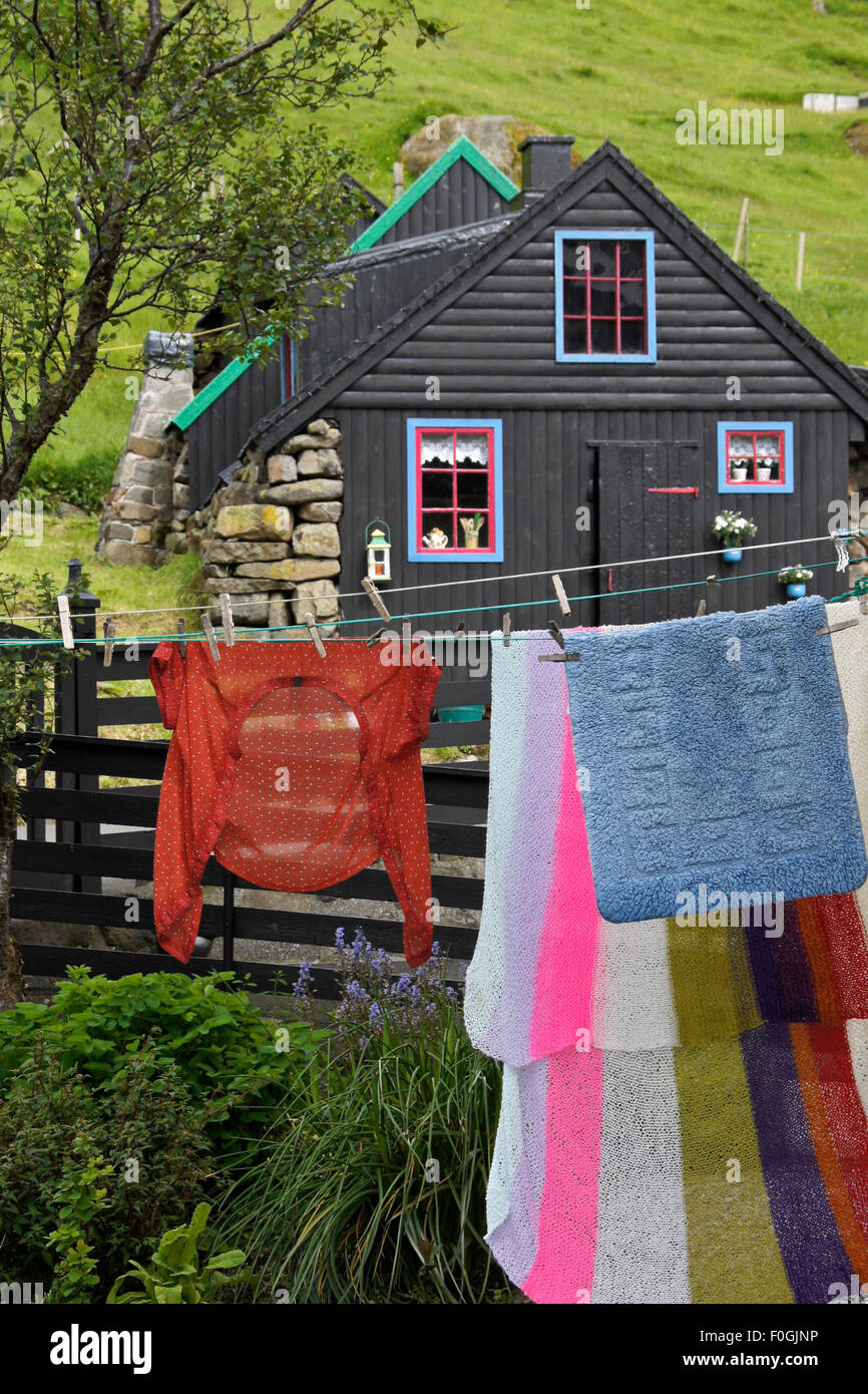 House and laundry, village of Kunoy, Kunoy Island, Faroe Islands Stock Photo