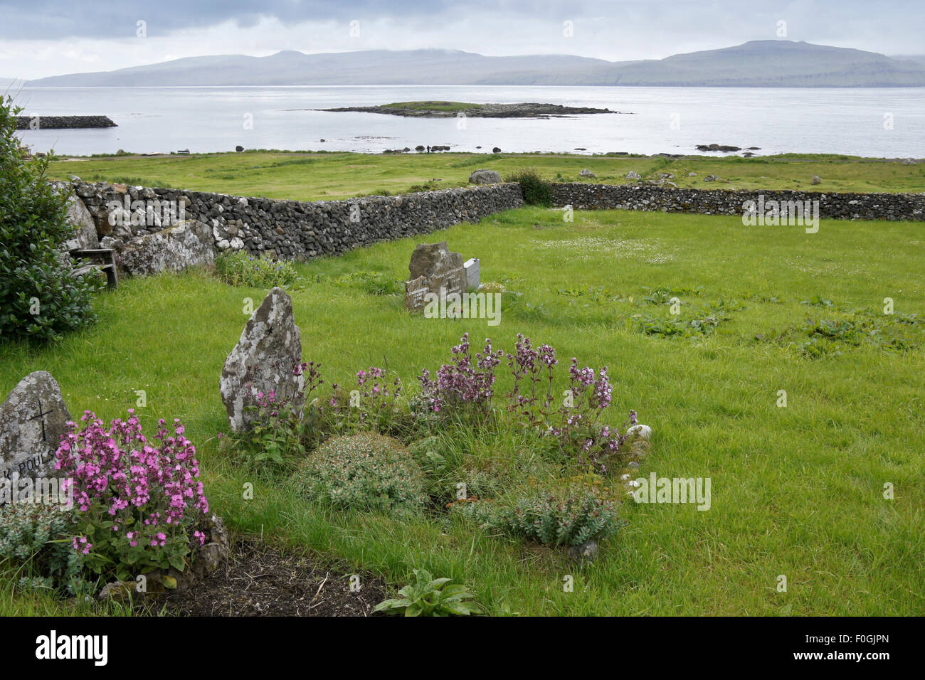 Cemetery in village of Kirkjubour, Stremoy, Faroe Islands Stock Photo