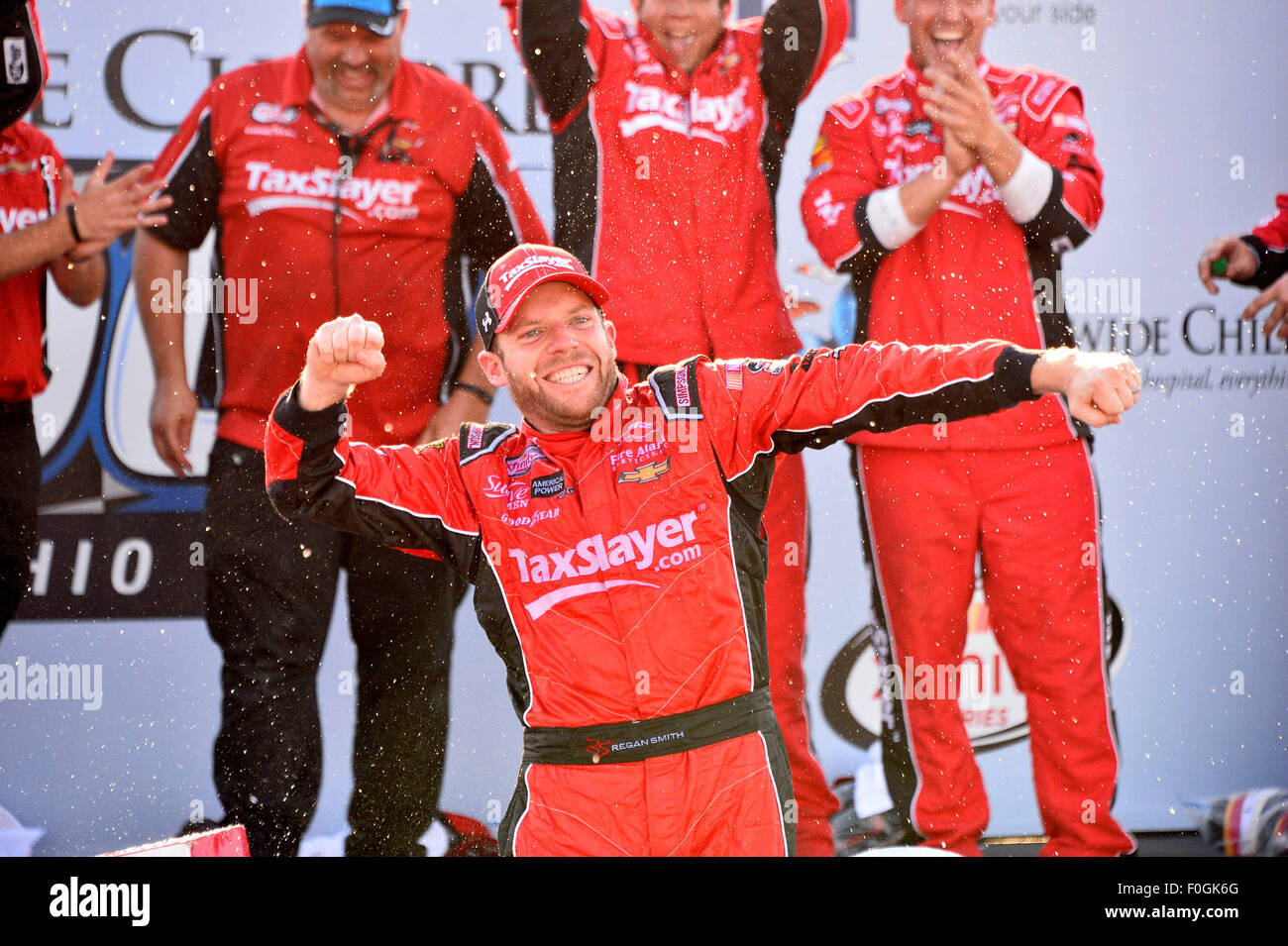 Lexington, OH, USA. 15th Aug, 2015. Lexington, OH - Aug 15, 2015: Regan Smith (7) celebrates in victory lane after winning the Nationwide Children's Hospital 200 at Mid-Ohio Sports Car Course in Lexington, OH. Credit:  csm/Alamy Live News Stock Photo