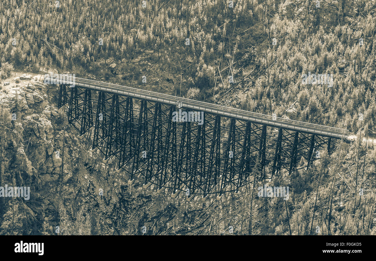 Myra Canyon Trestle taken from a helicopter Stock Photo