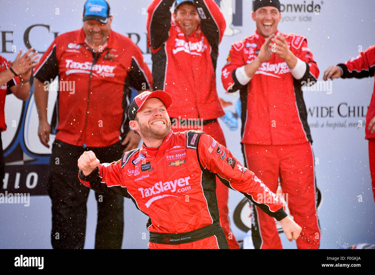 Lexington, OH, USA. 15th Aug, 2015. Lexington, OH - Aug 15, 2015: Regan Smith (7) celebrates in victory lane after winning the Nationwide Children's Hospital 200 at Mid-Ohio Sports Car Course in Lexington, OH. Credit:  csm/Alamy Live News Stock Photo