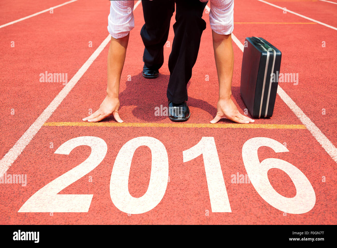 businessman  ready to run and 2016 new year concept Stock Photo