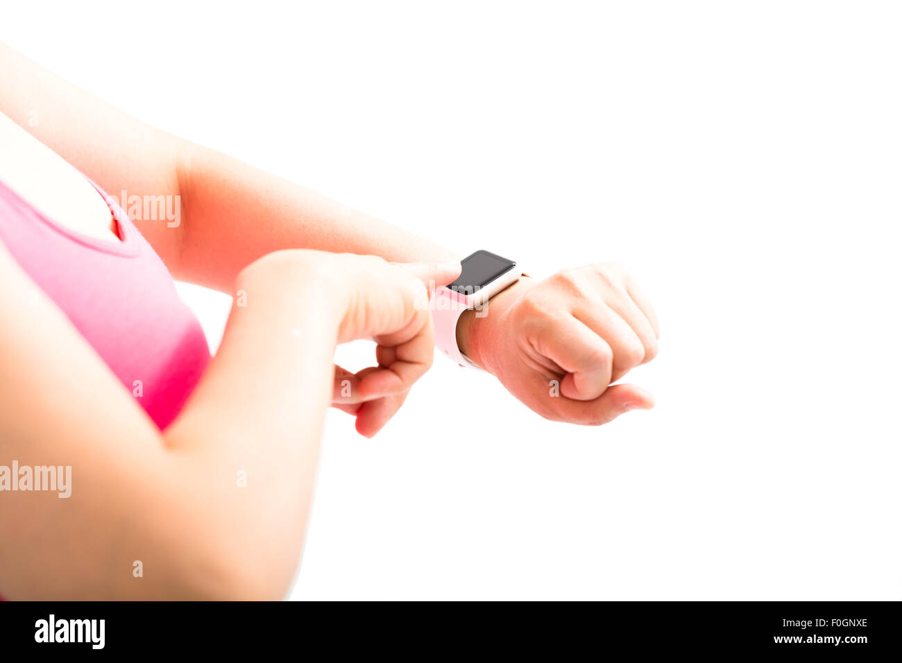 young woman finger touch the sports smart watch Stock Photo Alamy