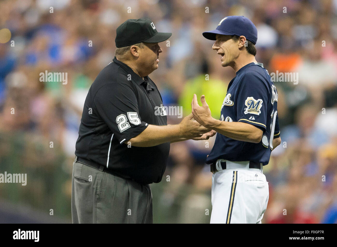 Milwaukee, WI, USA. 15th Aug, 2015. Milwaukee Brewers manager Craig Counsell #30 is ejected by umpire Fieldin Culbreth #25 in the Major League Baseball game between the Milwaukee Brewers and the Philadelphia Phillies at Miller Park in Milwaukee, WI. Credit:  Cal Sport Media/Alamy Live News Stock Photo