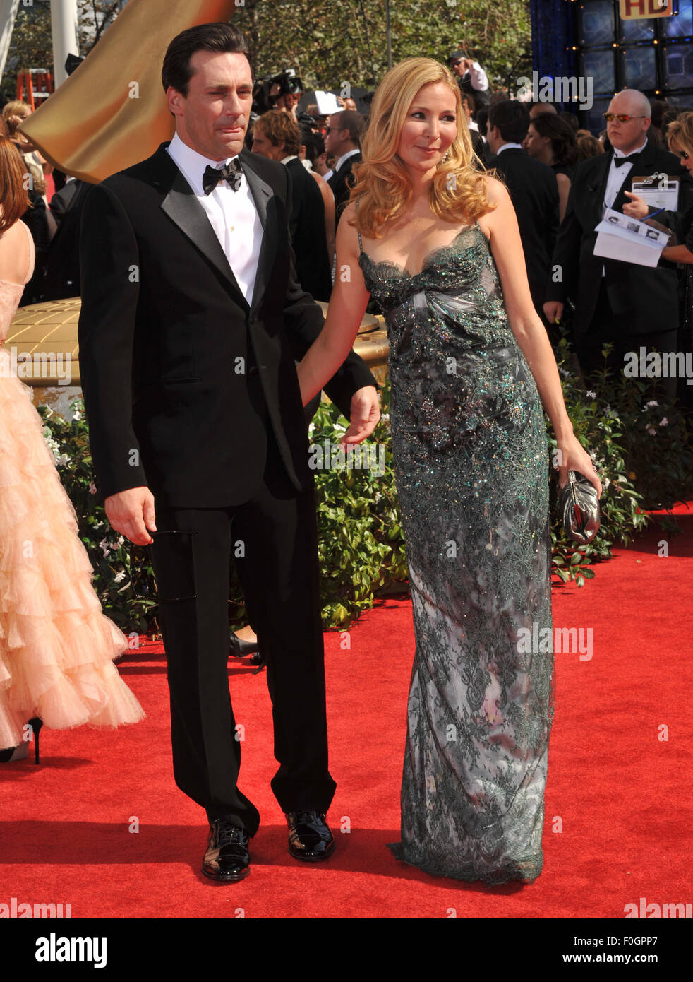LOS ANGELES, CA - AUGUST 29, 2010: Jon Hamm & Jennifer Westfeldt at the 2010 Primetime Emmy Awards at the Nokia Theatre L.A. Live in downtown Los Angeles. Stock Photo