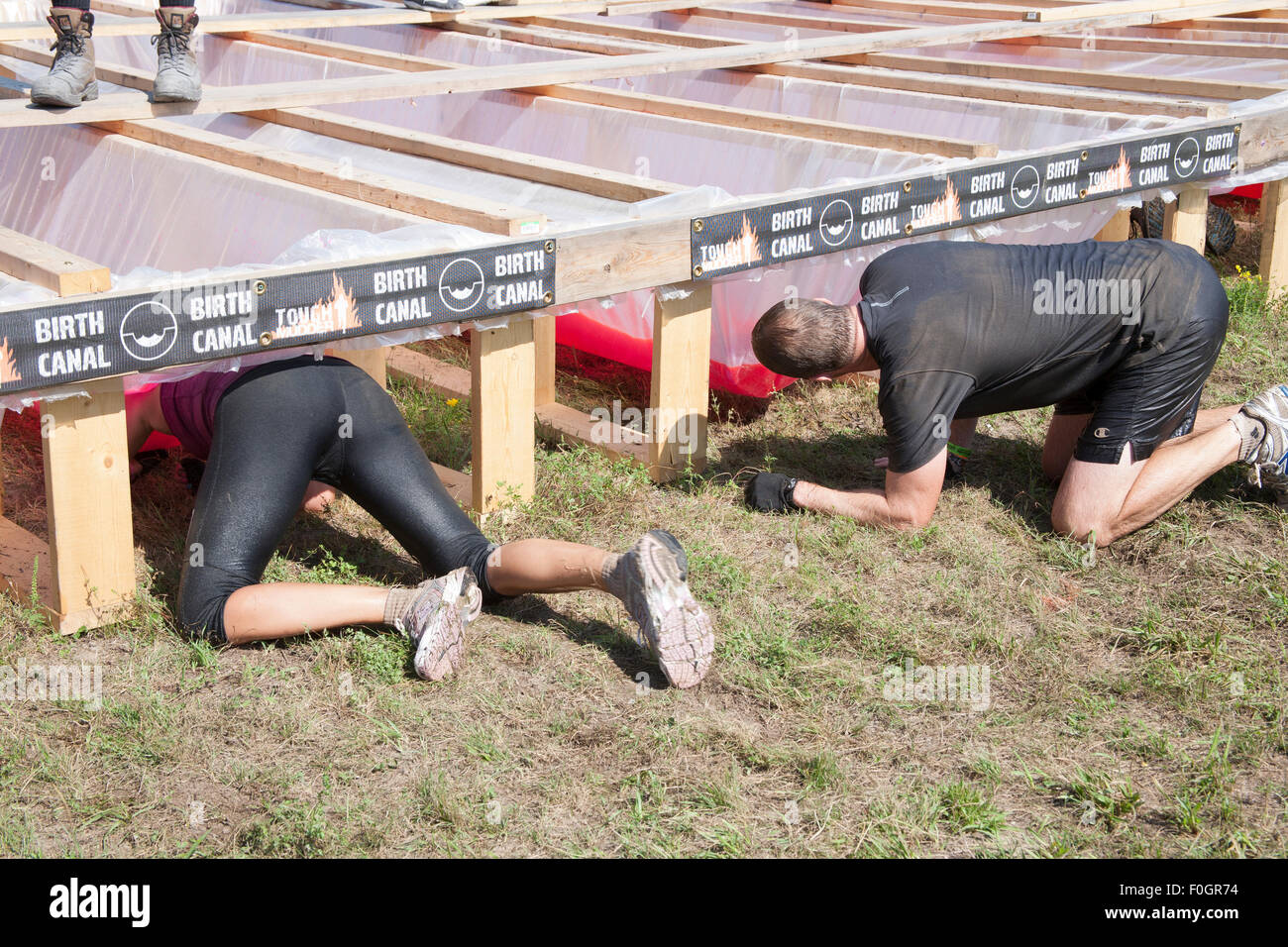 Toronto, Canada. 15th Aug, 2015. Tough Mudder Obstacle Course Aug 15 2015 Toronto Ontario. Birth Canal obstacle Credit:  Performance Image/Alamy Live News Stock Photo