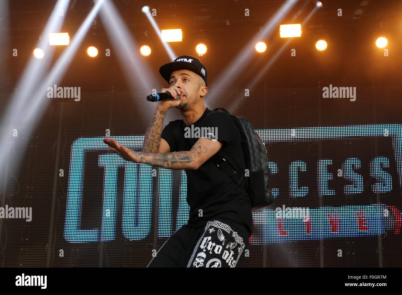 Betley, Cheshire, UK. 15th August, 2015. Former NDubz performer Dappy performs live at Signal 1