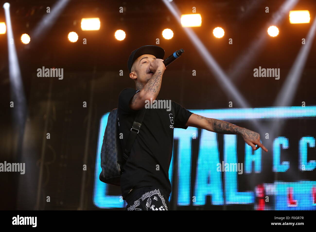 Betley, Cheshire, UK. 15th August, 2015. Former NDubz performer Dappy performs live at Signal 1