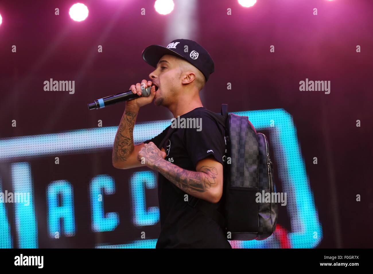 Betley, Cheshire, UK. 15th August, 2015. Former NDubz performer Dappy performs live at Signal 1