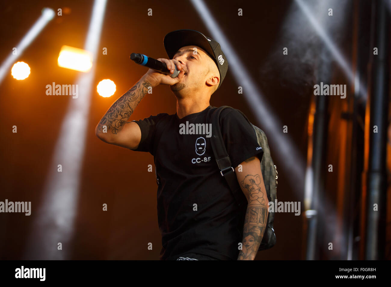 Betley, Cheshire, UK. 15th August, 2015. Former NDubz performer Dappy performs live at Signal 1