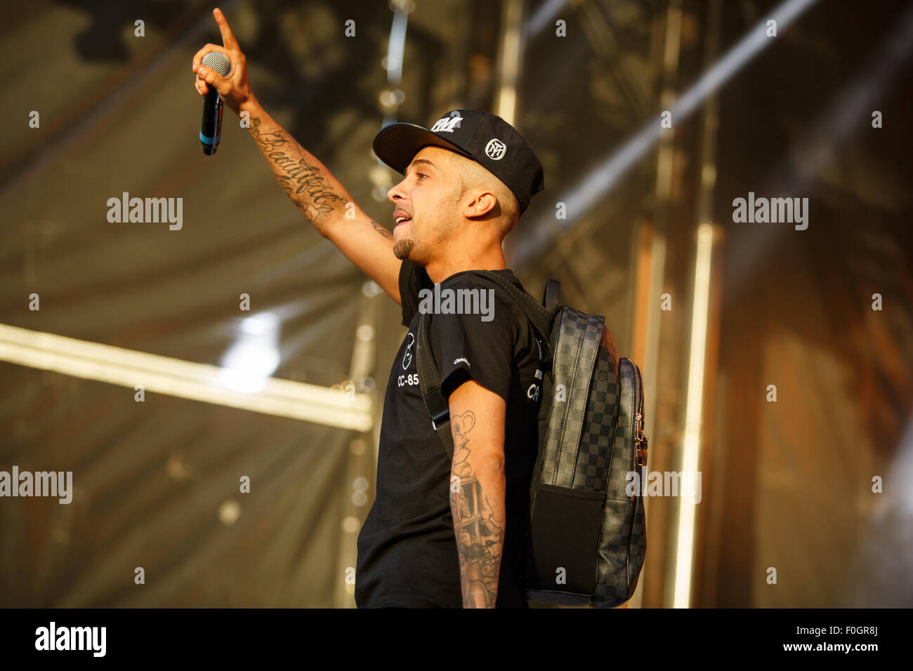 Betley, Cheshire, UK. 15th August, 2015. Former NDubz performer Dappy performs live at Signal 1