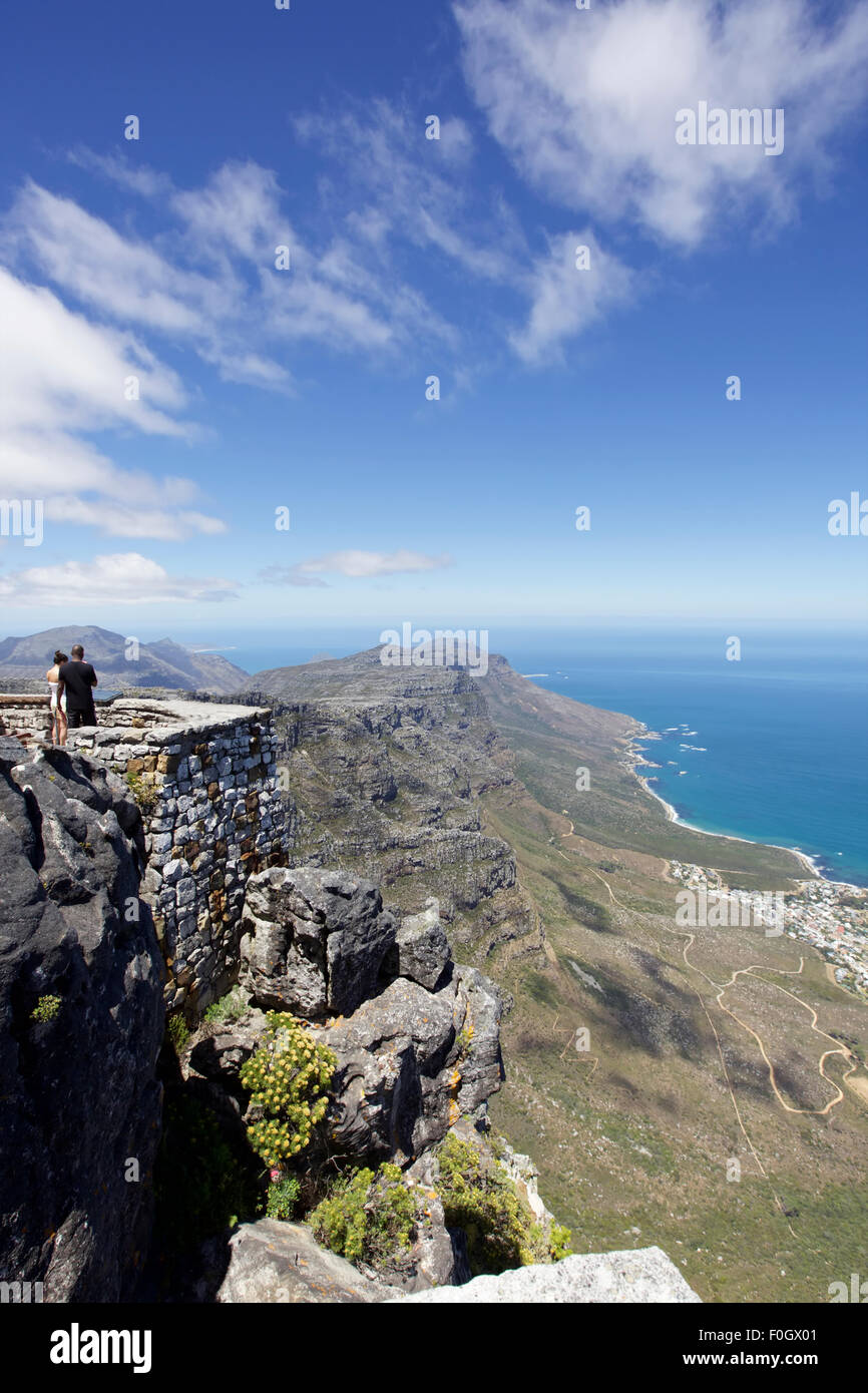 View from top of Table Mountain and Atlantic ocean, Cape Town, Western Cape, South Africa Stock Photo