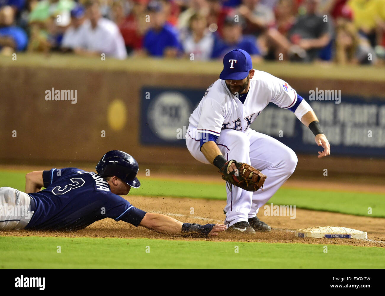 AUG 15, 2015: .Texas Rangers first baseman Mitch Moreland (18) catches ...