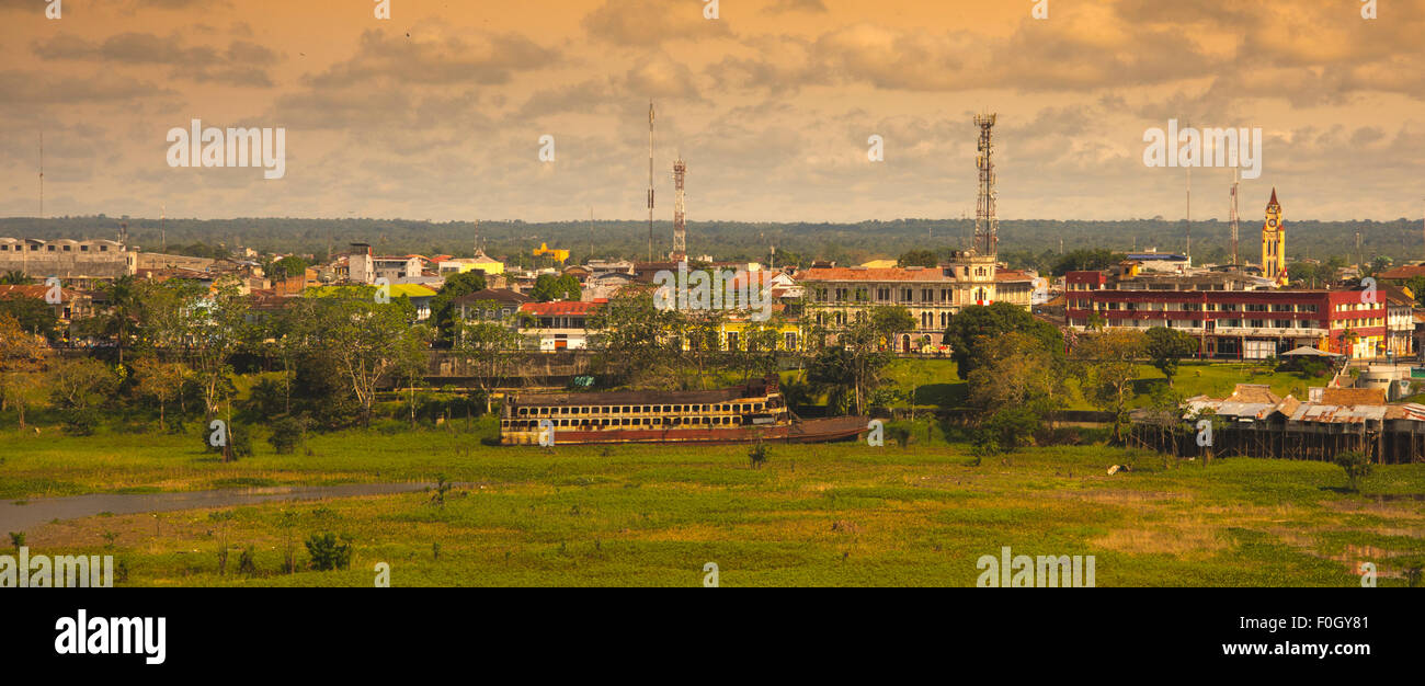 Iquitos from the air on the River Amazon, Peru showing 'Boulevard' and famous landmarks Stock Photo
