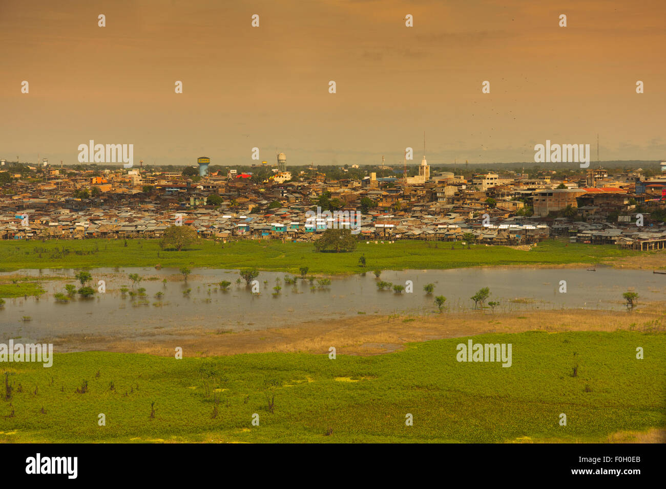 Iquitos from the air on the River Amazon, district of Belen showing floodplain of Itaya and Amazon Rivers Peru Stock Photo