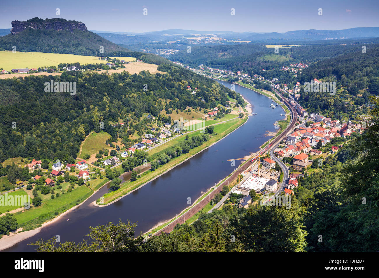 View of Elbe Sandstone Mountains and Konigstein town,  Elbe River, Saxon Switzerland, Saxony, Germany, Europe Stock Photo