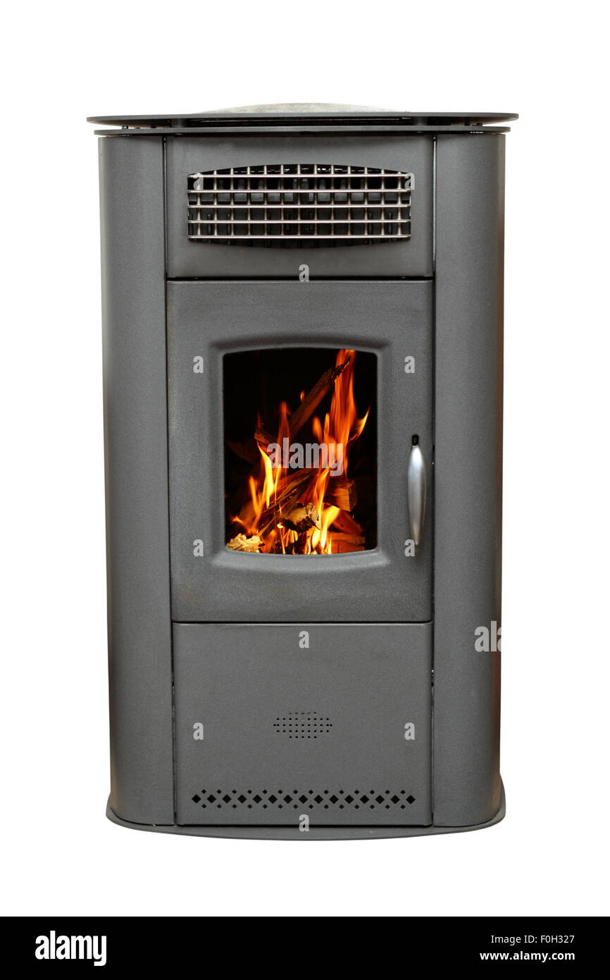 iron stove with burning wood fire isolated over white background Stock Photo