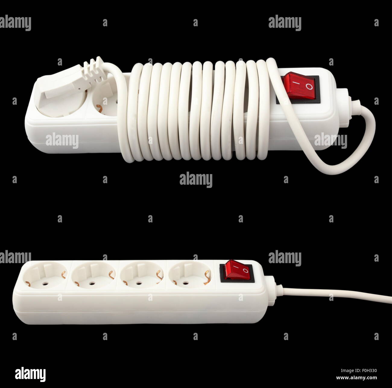 same white electric splitter isolated over dark background in two ...